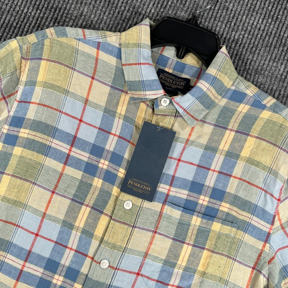Pendleton Shirt Mens Medium Blue Yellow Plaid Linen Short Sleeve Button New